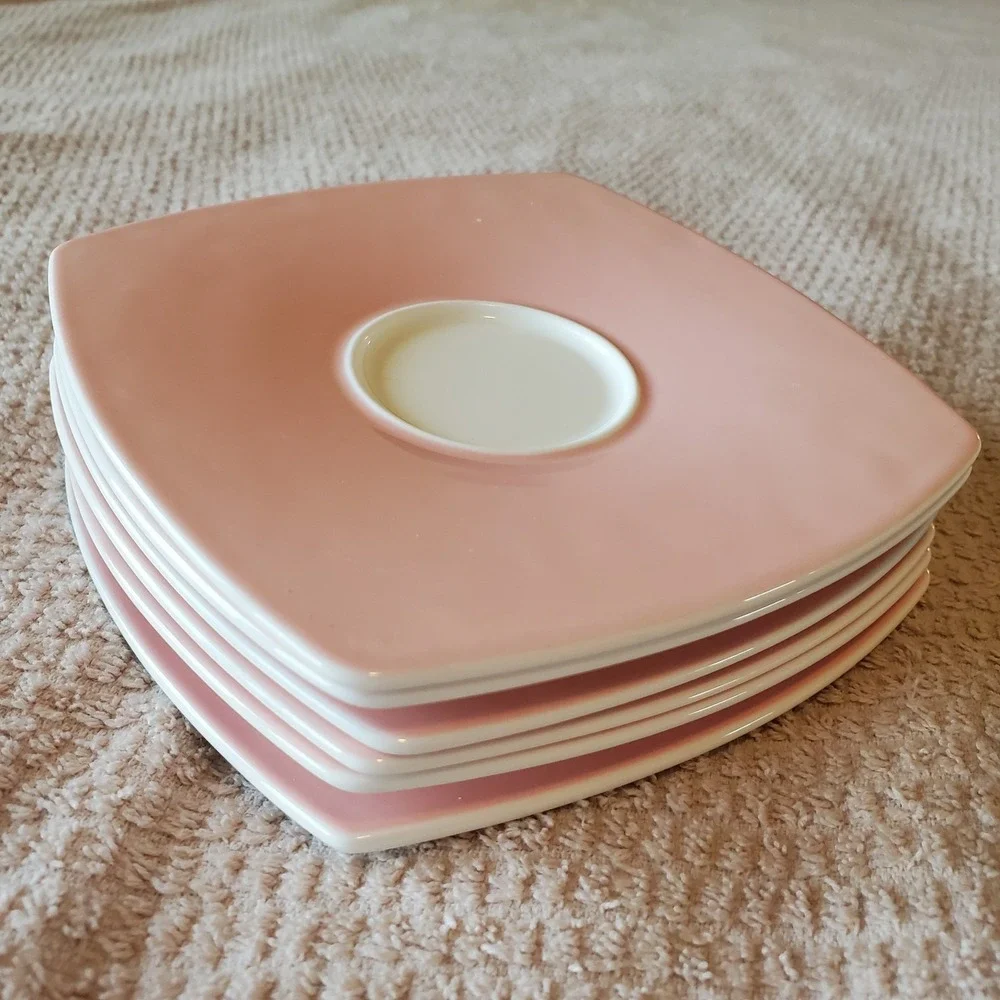 Karaca Fine Bone China Porcelain 6 Saucers Square Pink‎ & White Limited Ed